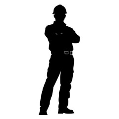 a black silhouette of a police officer standing with his arms crossed arm, black, engineer, hat, helmet, man, police officer, silhouette, stand , Generative art.