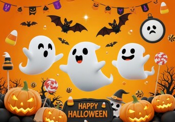 Happy Halloween Ghosts and Pumpkins - Three cute ghosts float amidst Halloween treats, pumpkins, and bats on an orange background