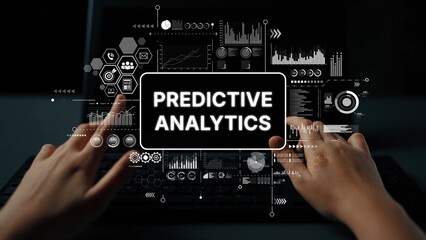 Hands on Laptop with Digital Dashboard for Predictive Analytics in Modern Business Environment. Asymptotic smart data analytic.