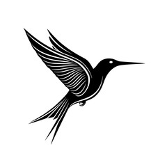 Obraz premium black and white silhouette of a small bird with spread wings bird, black, hummingbird, icon, silhouette, small, tattoo, wing , Generative art.