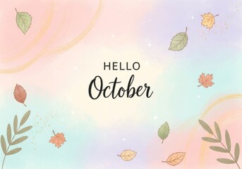 Hello October Autumn Leaves Design - Pastel autumn background with falling leaves and the text Hello October. Perfect for October themed designs, social media posts, and more