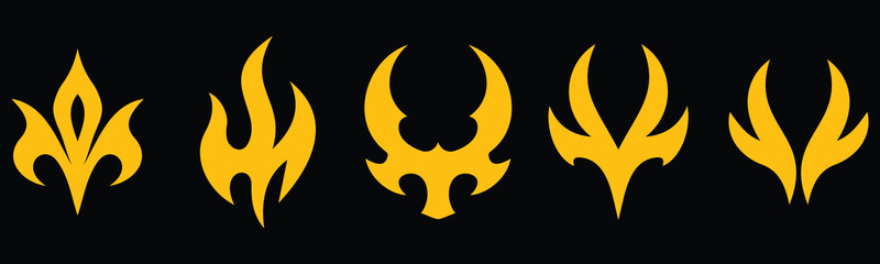 Tribal flame tattoo icons in golden yellow color with symmetrical patterns for design, fire symbolism, or decorative artwork