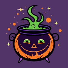 Halloween Cauldron Illustration: Smiling Jack-o'-lantern Pot with Green Potion
