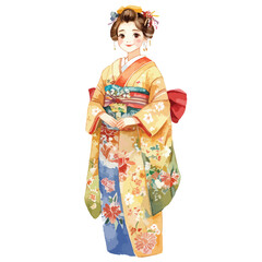 Watercolor Illustration of a Japanese Geisha in Traditional Kimono Smiling