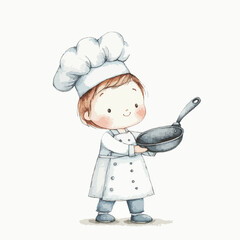 Watercolor Illustration of a Joyful Toddler Chef Holding a Frying Pan