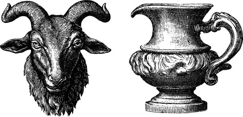 Engraved illustration set featuring a goat and ornate pitcher design for artistic decor
