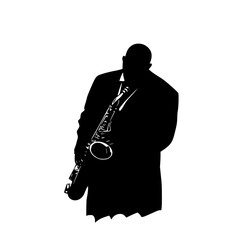 Naklejka premium a silhouette of a man in a suit playing a saxophone black, instrument, man, play, saxophone, silhouette, suit , Generative art.