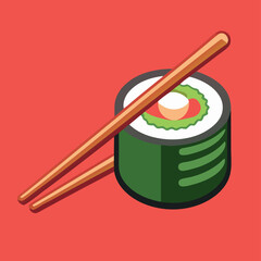 Delicious Sushi Roll with Chopsticks - Japanese Food Illustration