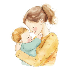 Watercolor illustration of a mother lovingly holding her baby close