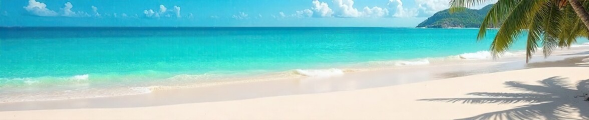 Fototapeta premium Serene coastal scene featuring soft, pale sand meeting tranquil turquoise water under a bright, clear sky Perfect for travel, vacation, or summer themes , sky, beach