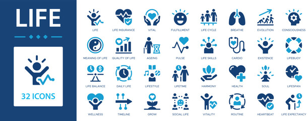 Life flat icons collection. Harmony, existence, vital, pulse, life cycle, routine, vitality, grow sign set.