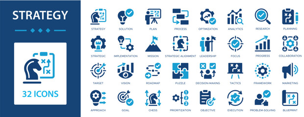 Strategy flat icons collection. Plan, goal, objective, mission, tactics, execution, puzzle, chess, solution, target, roadmap, process sign set.
