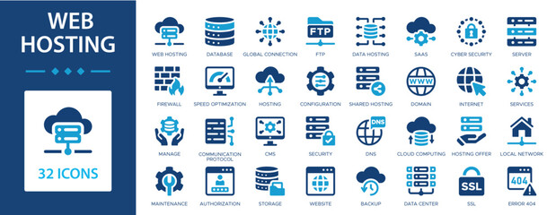 Web hosting flat icons collection. Server, internet, FTP, database, hosting, SSL, error 404, computing sign set.