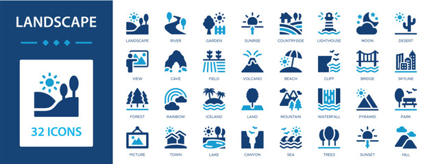 Landscape flat icons collection. River, field, island, view, sea, lake, forest, town, land, mountain, desert, waterfall, volcano sign set.