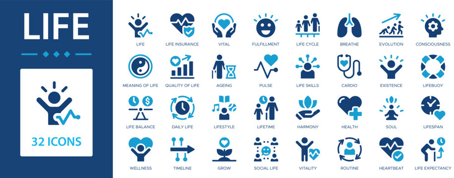 Life flat icons collection. Harmony, existence, vital, pulse, life cycle, routine, vitality, grow sign set.