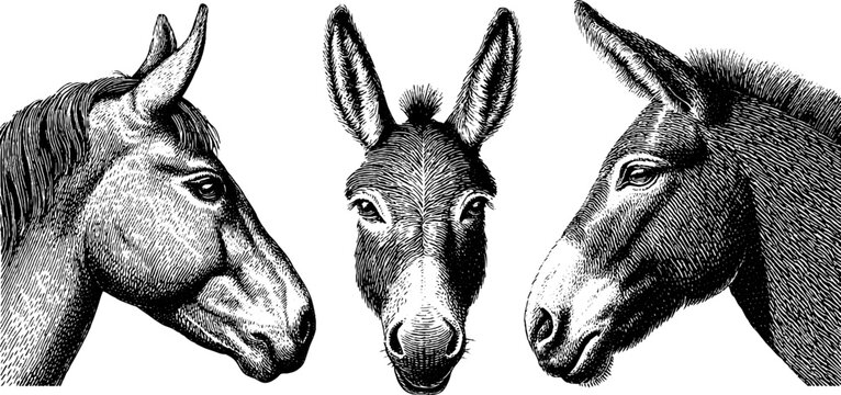 Engraved animal illustration set featuring horse and donkey heads for design projects