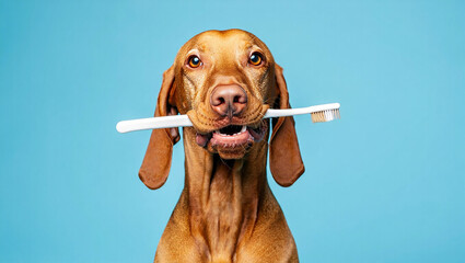 AI Generated image of Vizsla dog holding a toothbrush in its mouth against a blue background