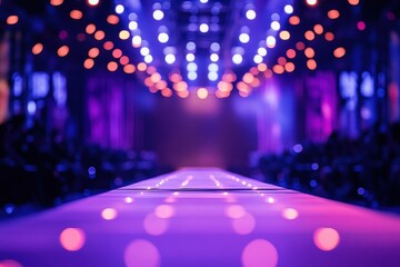A runway bathed in vibrant purple and blue lighting, with blurred out-of-focus audience and overhead lights