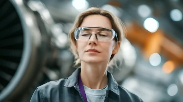 A proficient female engineer conducting a thorough inspection of a jet engine in an aerospace facility.