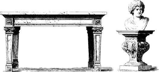 Fototapeta premium Vintage marble writing desk and bust illustration for antique design inspiration