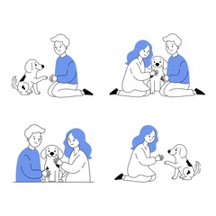 Vector Illustration of Happy People with Shelter Dogs Promoting Pet Adoption, Animal Welfare, and Compassionate Rescue in blue color