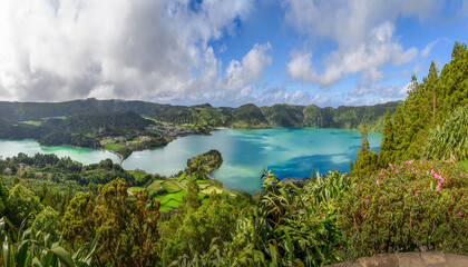 Azores volcanic landscapes with Lagoa das Sete Cidades in Sao Miguel, Portugal.