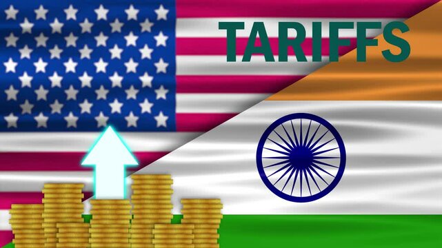 waving indian flag on usa flag with tariffs word and coins stack. new usa import export trade policy by government.
