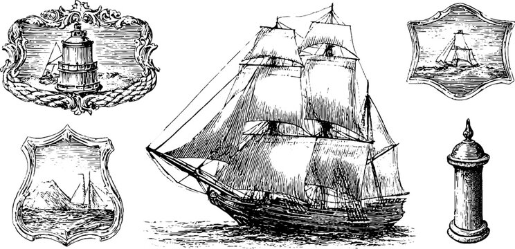 Fototapeta Vintage sailing ships and nautical elements engraving collection for nautical-themed designs