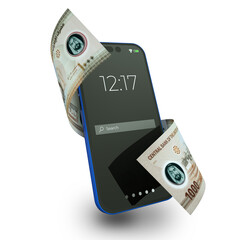 United Arab Emirates Dirham notes moving flying wrapped around mobile smart phone isolated on a transparent background. Online Mobile money wallet concept
