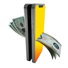 US dollar and United Arab Emirates Dirham notes exchanging through mobile phone,Online money transfer, electronic payment systems, Mobile banking. currency exchange concept over transparent background