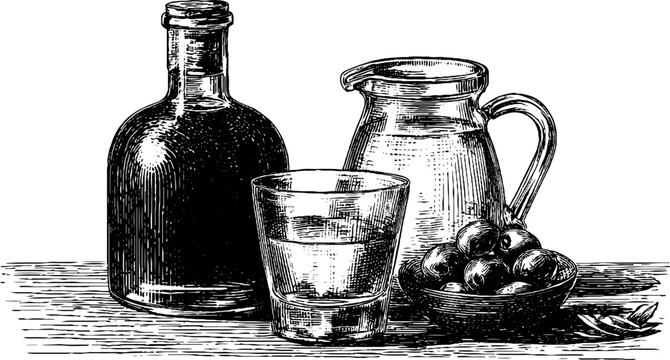 Engraved illustration of ouzo bottle with glass, carafe, and olives for beverage art