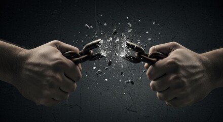 A dramatic close-up of hands snapping a steel chain, symbolizing the moment of breaking free from addiction, debt, or oppression.