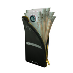 Online mobile money wallet concept. 3D rendering of United Arab Emirates Dirham notes inside smart phone isolated on transparent background. money coming out of purse