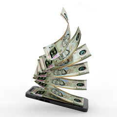 1000 United Arab Emirates Dirham notes entering or coming out of a smartphone. Online money transfer concept. money coming out of mobile phone isolated on transparent background