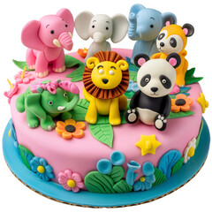 Naklejka premium Cute Animal-Themed Birthday Cake with Cartoon Decorations, isolated on transparent background