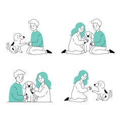 Vector Illustration of Happy People with Shelter Dogs Promoting Pet Adoption, Animal Welfare, and Compassionate Rescue in green color