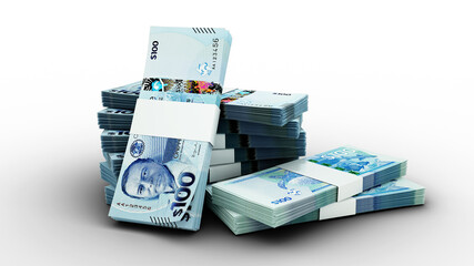 3d rendering of Stack of 100 Belize dollars notes. Few bundles of Belize currency isolated on transparent background	