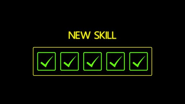 Learning New Skill Progress Concept. Places wooden checkmark into progress tracker under text New Skill, representing skill developmen