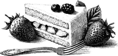 Vintage engraved illustration of strawberry shortcake dessert with fork and berries