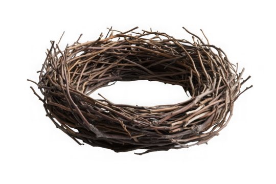 Round twig nest wreath isolated on transparent background