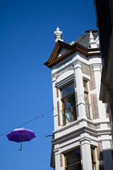 Colorful umbrellas above the streets Deventer. High quality photo