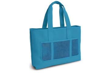 Isolated turquoise tote bag with mesh pockets and handles on a white background studio shot