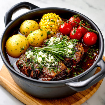 Sancochado - beef brisket, root veg & corn hotpot. Eye-level angle, authentic traditional serving on a white background