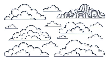 Collection of Stylized Cloud Illustrations on Transparent Background