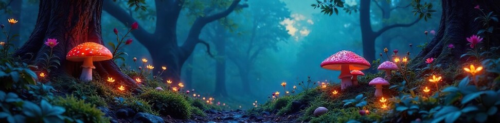 A mystical witch's garden overflowing with vibrant herbs, unusual flowers, and glowing toadstools under a twilight sky Perfect for fantasy, Halloween, or magical themes , moon, vintage