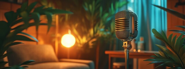 Cozy Home Recording Studio Retro Mic Plants Soft Lighting