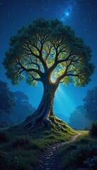 Enchanted forest scene at night, a majestic tree glows with ethereal light, its branches reaching towards a starlit sky Perfect for fantasy, fairytale, or magical themes , stars, night scene