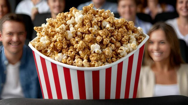 Enjoying popcorn during a movie night at a local theater with friends and community members in the evening