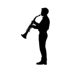 Naklejka premium black silhouette of a man playing a saxophone on a transparent background black, instrument, man, play, saxophone, silhouette , Generative art.