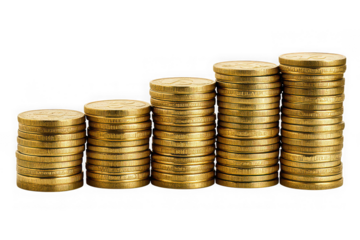 Gold coin stacks growing graph isolated on transparent background
